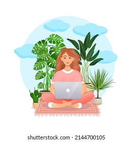 Cute red haired woman sits at a laptop while sitting in nature. Flat vector illustration of freelance, work at home, work, office, education, training. Remote work and communication in social networks