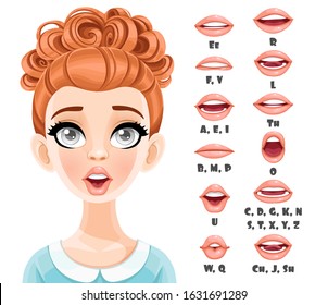 Cute red haired woman talking mouth animation. Female character speak mouths expressions