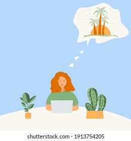 Cute red haired woman working on laptop, dreaming about vacation and traveling on a tropical island. Planning a sea vacation, choosing a resort on the Internet. Palm and sun. Sweet memories. Vector.