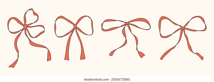Cute red hand drawn bow set with ribbons. Minimalist bowknot for wedding, birthday, christmas cards, poster, tattoo, gift, frames. Vintage coquette bows. Doodle Sketch elements. Isolated vector illus