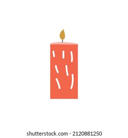 Cute red hand drawn candle icon isolated of white background. Candle for birthday, memorial. Isometric design. Cartoon vector illustration.