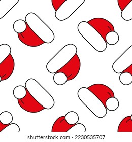 Cute red hats on white background. Seamless vector pattern. Christmas backdrop for festive designs, textile print, wrapping, paper decorations, decors, backdrops of banners, cards, and invitations.