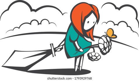 cute red head girl with sword and flowers walk in the forest and look at the butterfly
