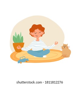 Cute Red Head Kid In White And Blue Striped Vest And Jeans Put Down A Toy And Meditates In Lotus Pose, Cat Sits Nearby And Looks. Vector Hand Drawn Isolated Illustration.