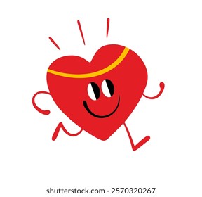 Cute red healthy heart does sports. Vector illustration of a stickman running in the morning. Funny character on white background.
