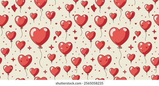 The Cute Red Heart Balloon Flying Shimmering Star Seamless Pattern