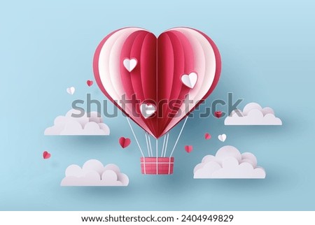 
Cute red heart balloon flying in sky with floating hearts and clouds in romantic paper cut style.