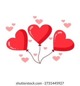 Cute red heart balloons with small hearts floating around. Flat vector illustration symbolizing love, romance, happiness, Valentine’s Day, wedding, and romantic celebration isolated on white background.