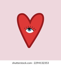 Cute red heart with big eye, lashes Ideal for textile design, socks, dresses, pattern, postcard 