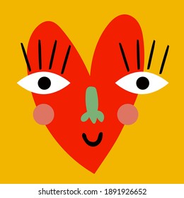 Cute red heart with big eyes, lashes, nose and smile. Ideal for textile design, socks, dresses, pattern, postcard on saint valentine's day, embroidery.