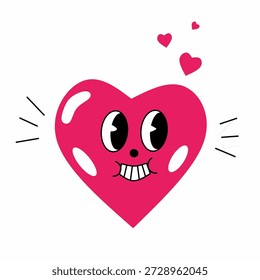Niedliches rotes Herz Cartoon Gesicht mit lustigem Grinsen, Liebe Emoji-Illustration, Valentinsymbol, Kawaii-Stil, verspielte romantische Ikone einzeln auf weißem Hintergrund