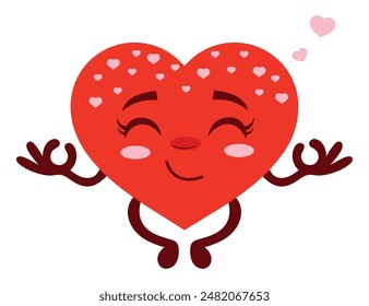 A cute red heart character does meditation with his eyes closed. Yoga breathing exercises sticker