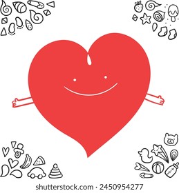 Cute red heart character with doodles. 