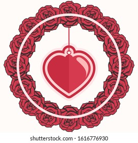 Cute red heart and circle frame Red beautiful roses vector illustration.
