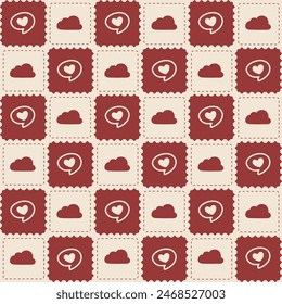 Cute Red Heart and Cloud Pattern with Beige Background. Adorable vector pattern featuring kawaii style hearts and clouds on a beige and red background.