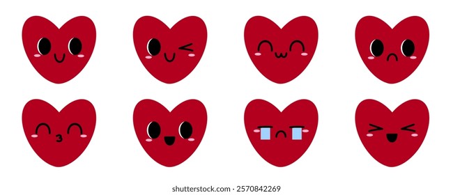 Cute red heart emoji set with various expressions: happy, sad, winking, crying, and more. Adorable cartoon heart characters for love, romance, or Valentine's Day themes. Vector illustration.