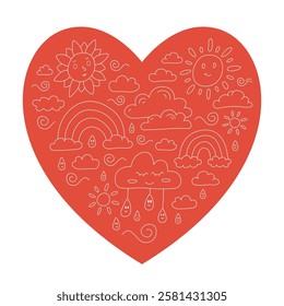 Cute red heart filled with fun weather doodles and icons