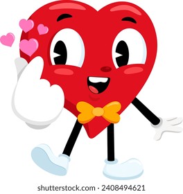 Caricatura Retro Corazón Rojo Cute Caracteres De Caricatura Hacen Signo De Amor Al Mini Corazón Con Dedos. Diseño Plano De Ilustración Vectorial Aislado En Fondo Transparente