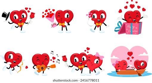 Cute Red Heart Retro Cartoon Characters. Vector Flat Design Collection Set Isolated On Transparent Background