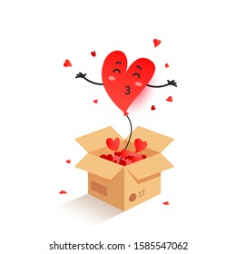 Cute red heart shape balloon jumping out of a paper box with hearts. Vector illustration valentine day card. Love concept for postcard, poster or web banner.