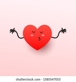 A cute red heart shape gives an air kiss with open arms on a pink gradient background. Love concept for postcard, poster or web banner.