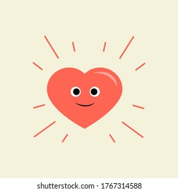 Corazón rojo lindo con cara sonriente. Ilustración del icono del vector plano del corazón saludable aislado en el fondo. Caricatura 