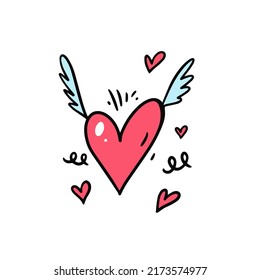 Cute red heart with wings and small floating hearts around it. Playful romantic illustration for stickers and greeting cards.