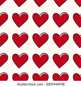 Cute red hearts with distructed blue outline seamless repeat pattern. Vector love sign all over surface print on ecru white background.