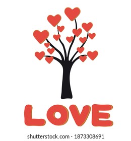  Cute red hearts on the tree. Love, print vector illustration card.