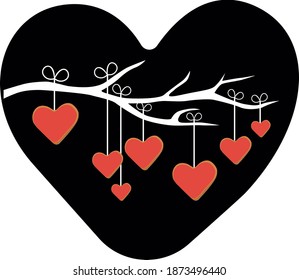  Cute red hearts on the tree on black background. Love, print vector illustration card.