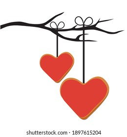 Cute red hearts on the tree. Love, print vector illustration card.