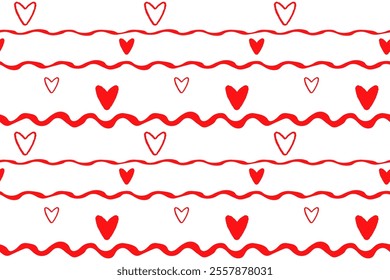 Cute red hearts wavy lines Seamless pattern lovely romantic Isolated background Valentine's Day textiles fabric wallpaper wrapping paper wallpaper polygraphy Repeating design Fabric print design
