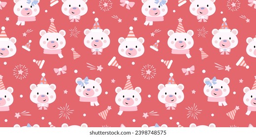 Cute red holiday wallpaper for kids, vector repeat pattern background for the winter holidays, wrapping paper design