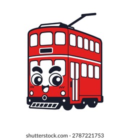 Cute red Hong Kong ding ding tram vector with kawaii face, cartoon double decker streetcar, smiling public transport icon, isolated on white, perfect for kids design, stickers, travel themes.