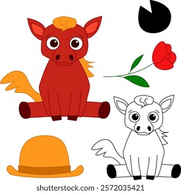 Personagem cavalo vermelho bonito, ilustração gráfica de vetor de linha. Conjunto com acessórios chapéu e flor, pé
