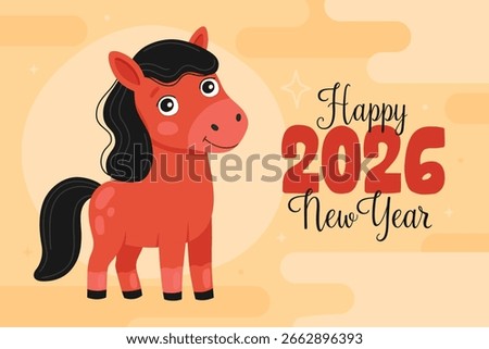 Cute red horse on light yellow background. Happy 2026 New Year of the Horse, Lunar New Year or Chinese New Year. Greeting card or banner.