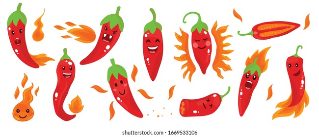 Cute red hot peppers. Set of Emoji pepper. Smile fruits. Isolated flat vector illustration on white background