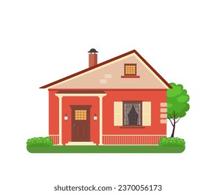 Cute red house with columns, isolated on white background. Cartoon flat style. Vector illustration
