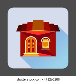 Cute red house icon in flat style with long shadow
