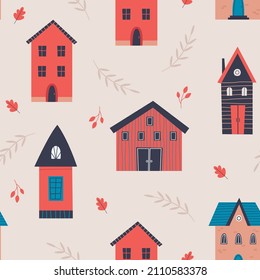 Cute red houses seamless pattern with flowers