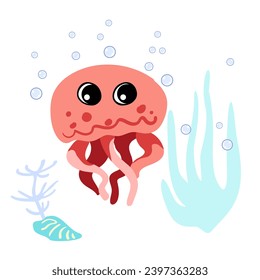 Cute red jellyfish with bubbles, shell and seaweed underwater. Vector illustration of marine life character