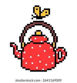 Cute red kettle with white polka dot pattern and a yellow butterfly, pixel art scene isolated on white background.
