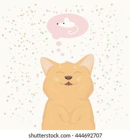 Cute red kitten dreaming about a small white mouse, single composition on a background of multicolored spots. Vector illustration.