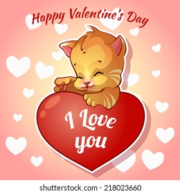 Cute red kitten with hearts for Valentine's Day