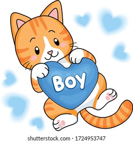 Cute red kitten holding a blue heart