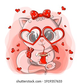 Cute red kitten is made in kawaii style. The cat sits on a red background holds a delicious milkshake in his hands. The animal has beautiful heart-shaped glasses and a funny bow on its tail.