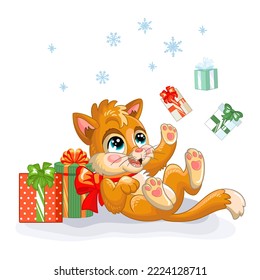 Cute red kitten playing with christmas gifts. Cartoon character. Vector isolated illustration. For print, design, posters, cards, stickers, decor, kids apparel, baby shower and invitation