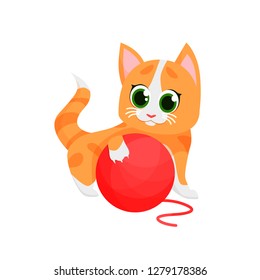 Cute red kitten playing with yarn. Cat, ball, cartoon character. Animal concept. Can be used for topics like pets, home, joy, care