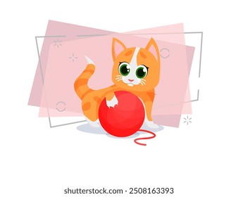 Cute red kitten playing with yarn. Cat, ball, cartoon character. Animal concept. Can be used for topics like pets, home, joy, care