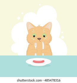 Cute red kitten sitting behind a table, holding a fork and a knife, with a plate with a single sausage before it, single composition in a white frame on a light yellow background. Vector illustration.